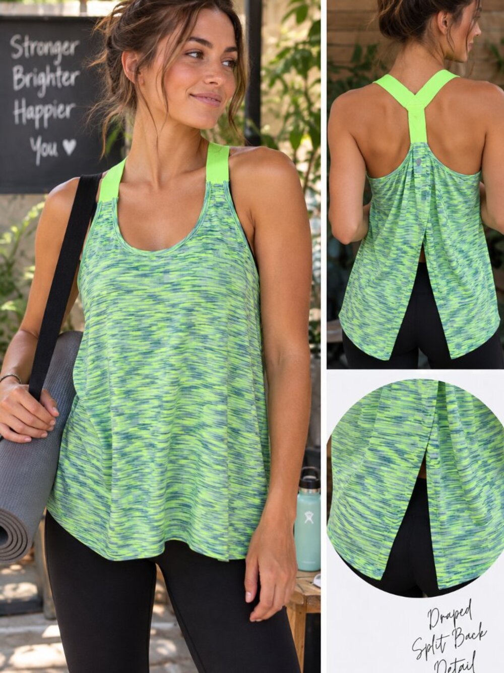 LIVI Active 18/20 Lime Green Blue Space Dye Tank Top Split Back Athleisure